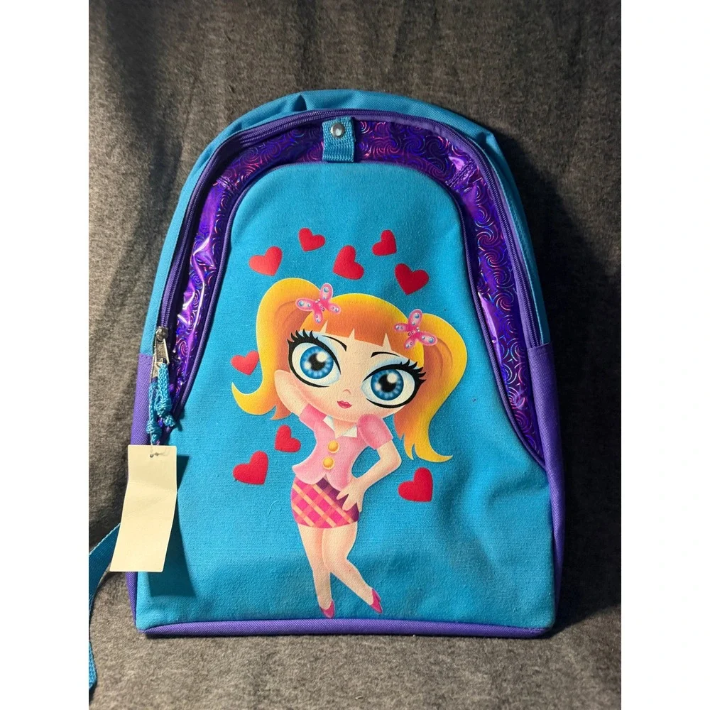 Unbranded Kids Blue Purple Cartoon Girl Heart Backpack School Bag New With Tags